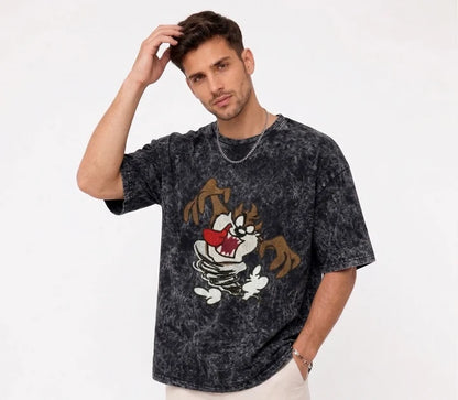 Thread Vibes Taz Cartoon Embroidered Black Oversized T-Shirt