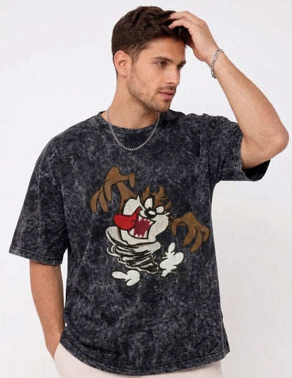 Thread Vibes Taz Cartoon Embroidered Black Oversized T-Shirt