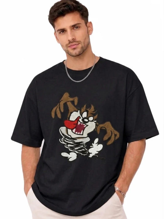 Thread Vibes Taz Cartoon Embroidered Black Oversized T-Shirt
