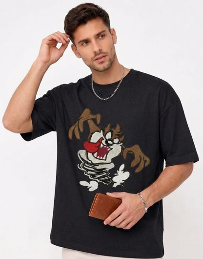 Thread Vibes Taz Cartoon Embroidered Black Oversized T-Shirt