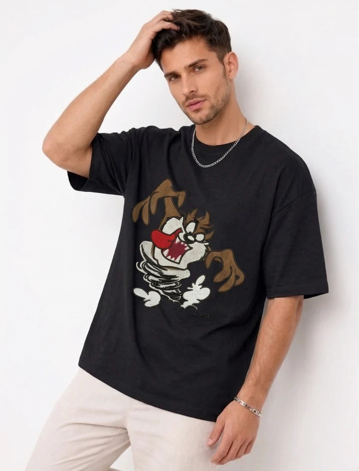 Thread Vibes Taz Cartoon Embroidered Black Oversized T-Shirt