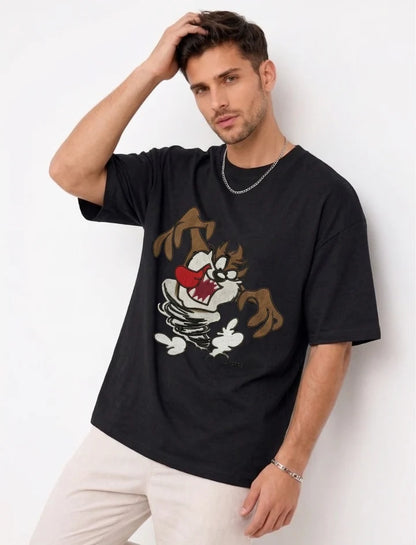 Thread Vibes Taz Cartoon Embroidered Black Oversized T-Shirt