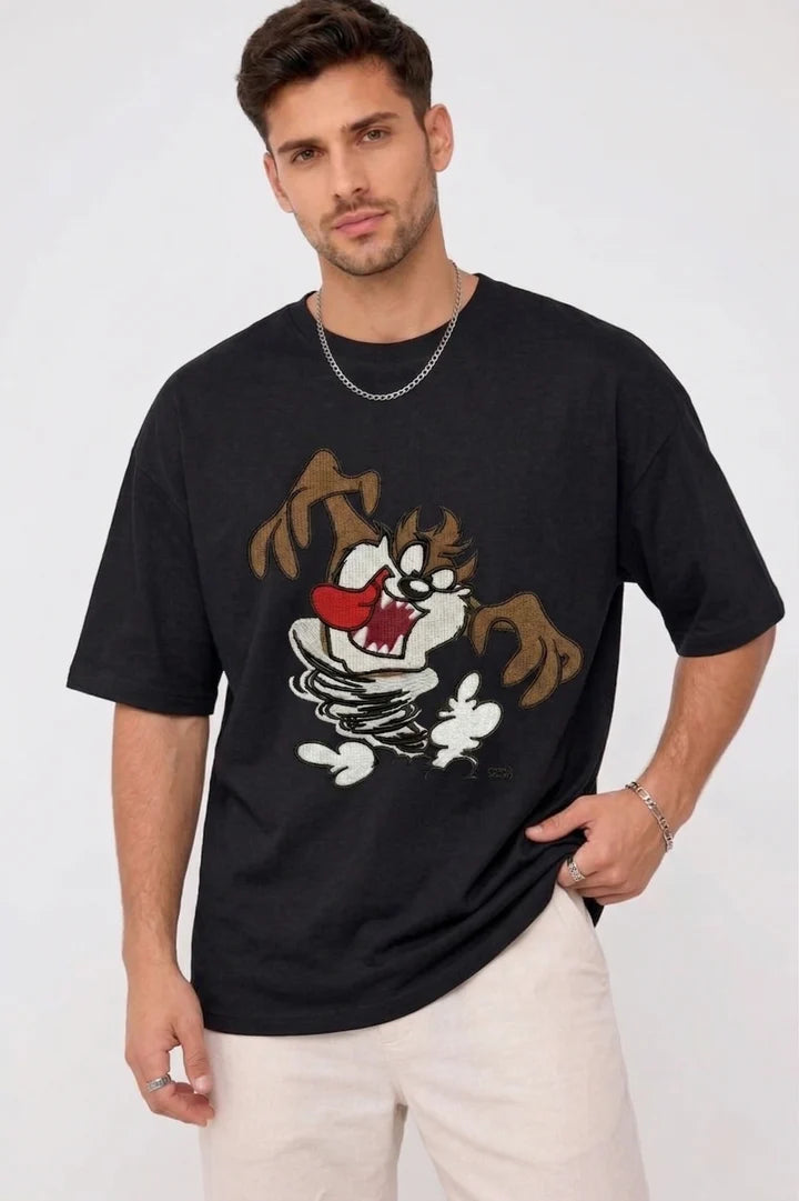 Thread Vibes Taz Cartoon Embroidered Black Oversized T-Shirt