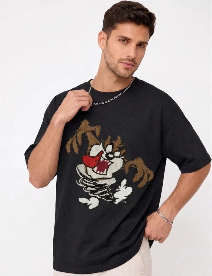 Thread Vibes Taz Cartoon Embroidered Black Oversized T-Shirt