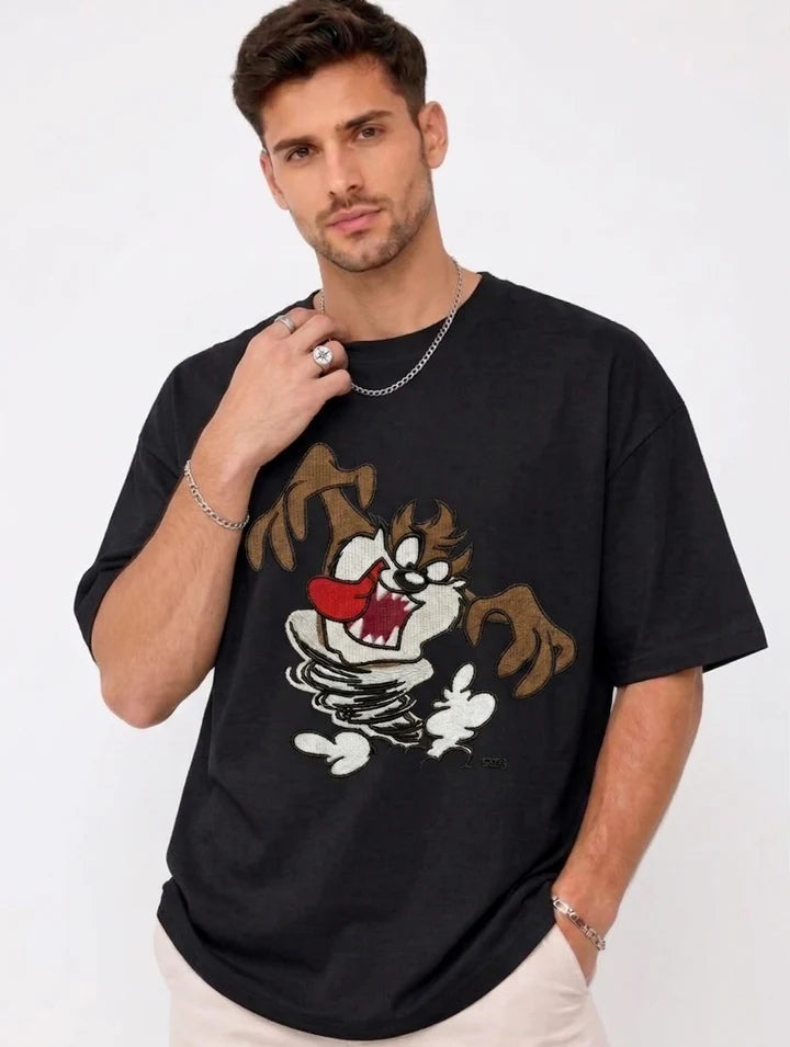 Thread Vibes Taz Cartoon Embroidered Black Oversized T-Shirt