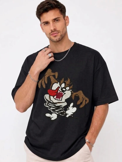 Thread Vibes Taz Cartoon Embroidered Black Oversized T-Shirt