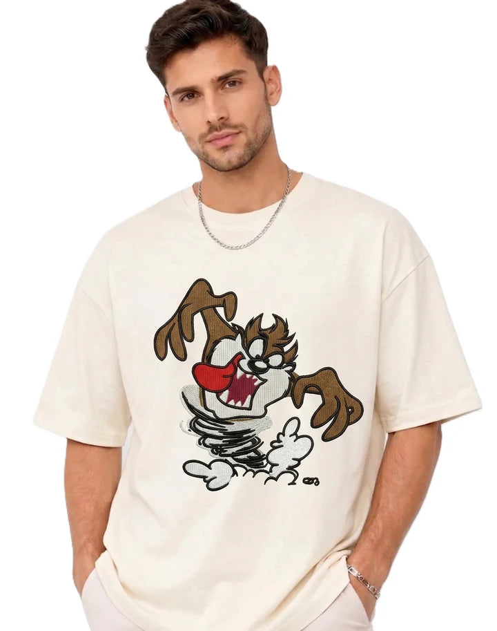 Thread Vibes Taz Cartoon Embroidered Black Oversized T-Shirt