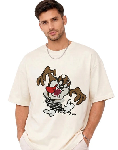Thread Vibes Taz Cartoon Embroidered Black Oversized T-Shirt