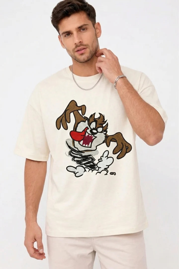 Thread Vibes Taz Cartoon Embroidered Black Oversized T-Shirt
