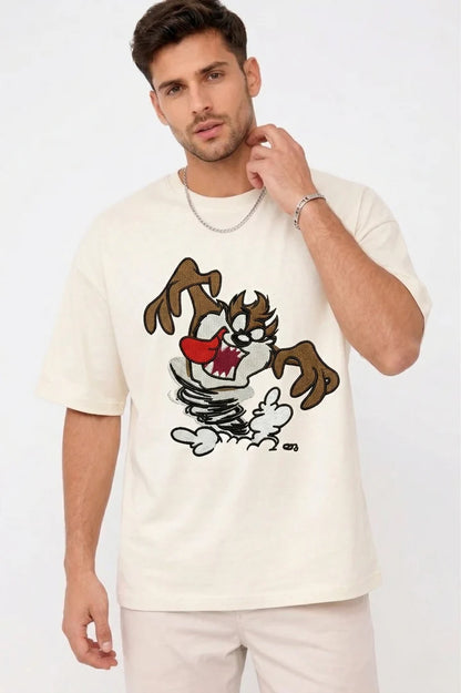 Thread Vibes Taz Cartoon Embroidered Black Oversized T-Shirt