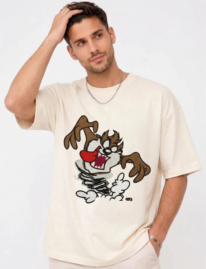 Thread Vibes Taz Cartoon Embroidered Black Oversized T-Shirt