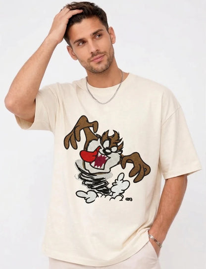 Thread Vibes Taz Cartoon Embroidered Black Oversized T-Shirt