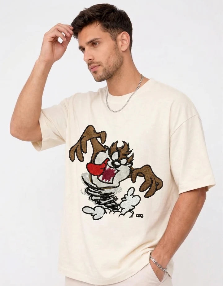 Thread Vibes Taz Cartoon Embroidered Black Oversized T-Shirt