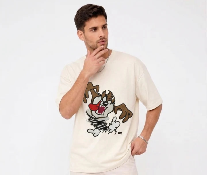 Thread Vibes Taz Cartoon Embroidered Black Oversized T-Shirt