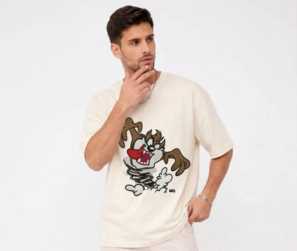 Thread Vibes Taz Cartoon Embroidered Black Oversized T-Shirt