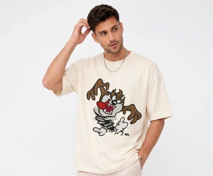 Thread Vibes Taz Cartoon Embroidered Black Oversized T-Shirt
